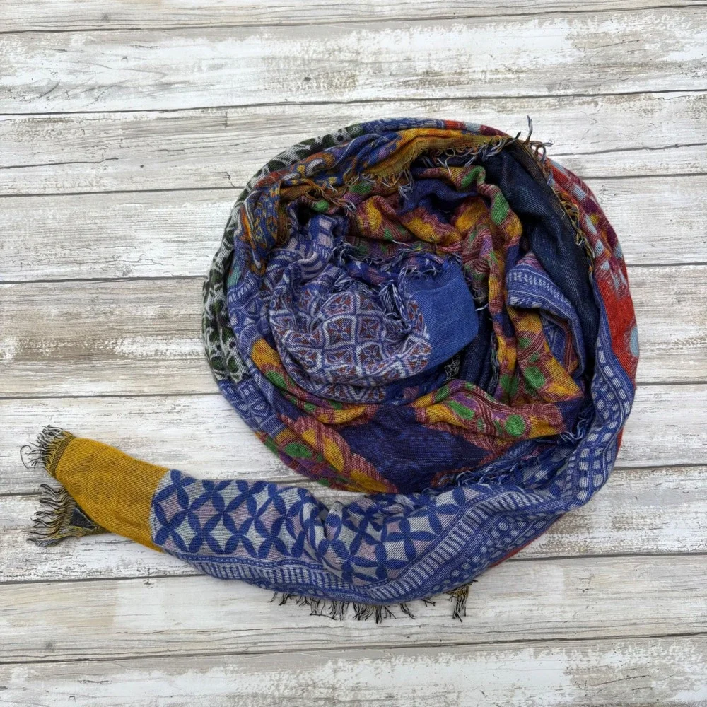 Anu Scarf OS Multicolor Good Patchwork Rayon Boho Frayed‎ Fringe Wrap Gypsy